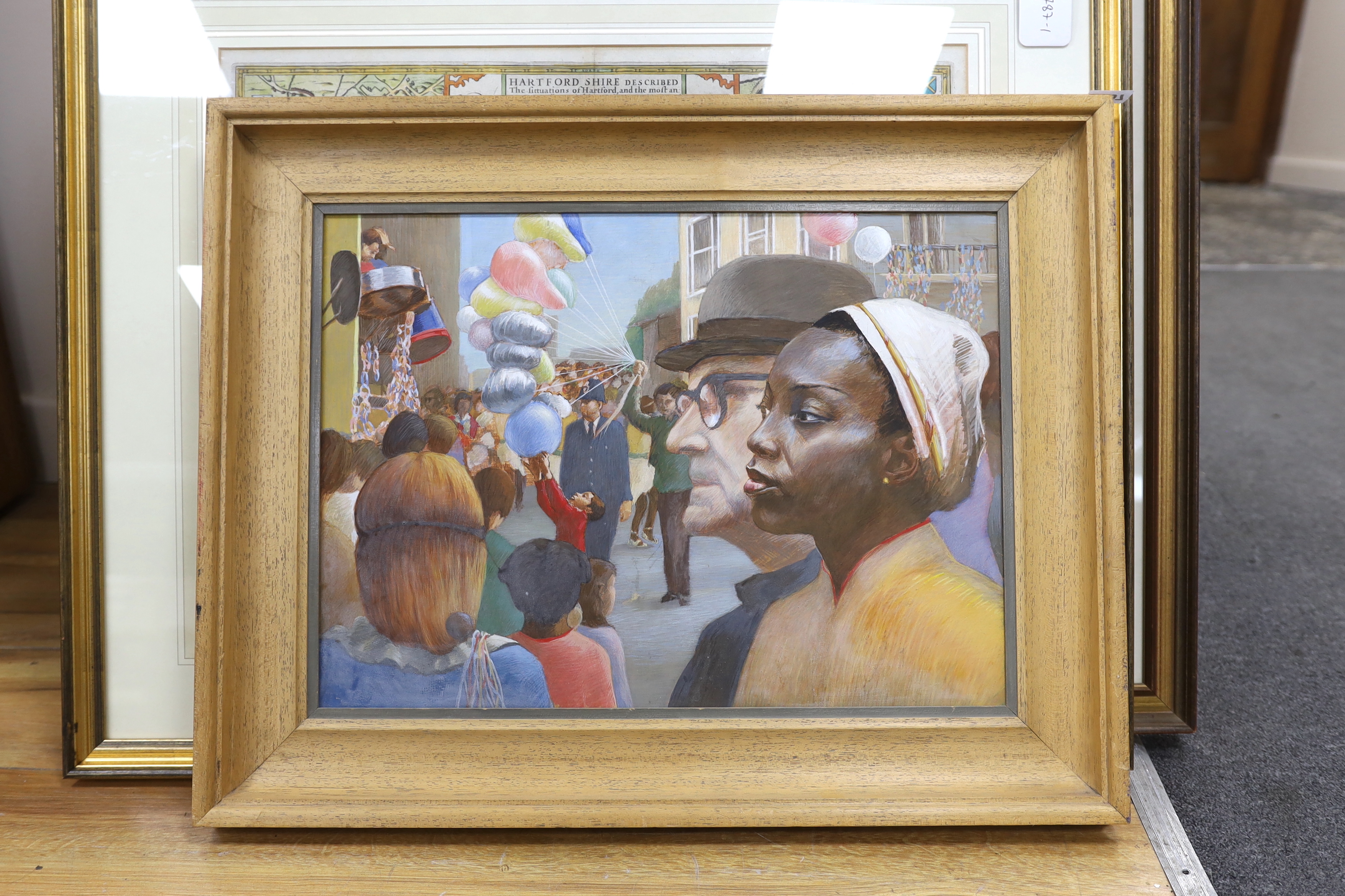 Oil on board, 'Brixton festival scene', unsigned, 34 x 47cm